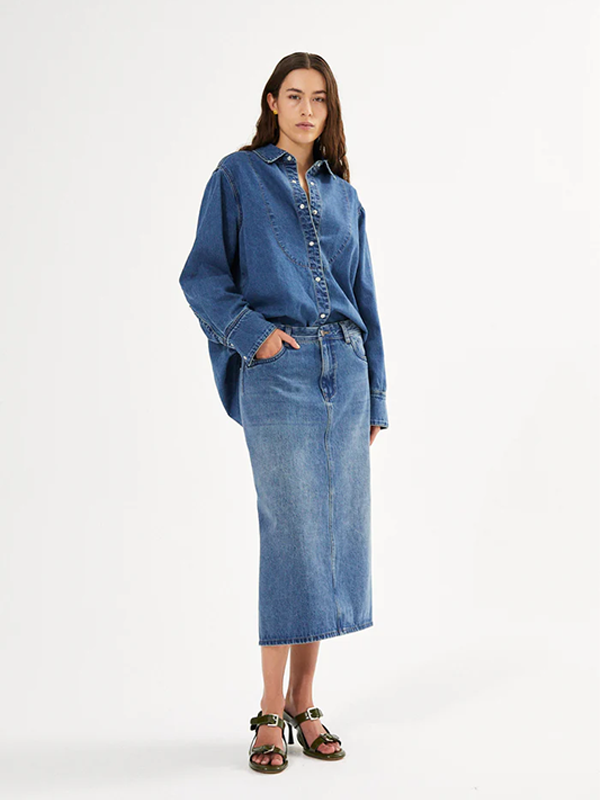 RABENS SALONER <br> RAMONE DENIM FITTED SKIRT