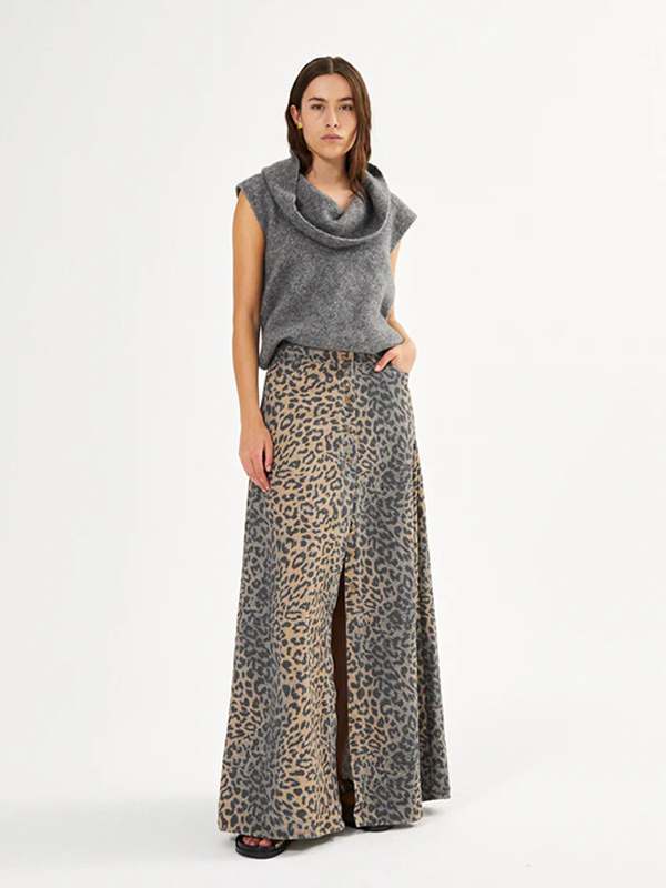 ALLSAINTS <br> NATJA LEOPARD PRINT BUTTON SKIRT